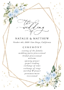 Blue Flowers and Gold Confetti Wedding Program, Wedding Stationery, Printable File, SH136, 5x7: Blue Flowers and Gold Confetti Wedding Program - Itinerary