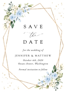 Blue Flowers and Gold Confetti Wedding Save the Date Card design preview
