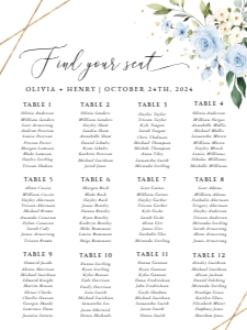Blue Flowers and Gold Conetti Seating Chart, Wedding Sign, Printable File, SH136, 18x24: Blue Flowers and Gold Confetti Wedding Bundle - Party Items