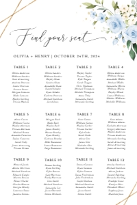 Blue Flowers and Gold Confetti Seating Chart, Wedding Sign, Printable File, SH136, 24x36: Blue Flowers and Gold Confetti Wedding Bundle - Party Items