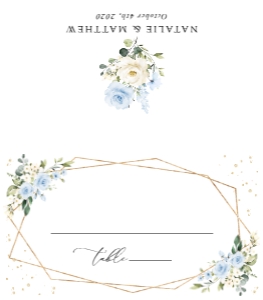 Blue Flowers and Gold Confetti Place Card, Tent Card, Wedding Stationery, Printable File, SH136: Blue Flowers and Gold Confetti Wedding Place Card - Escort Card