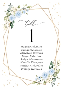 Blue Flowers and Gold Confetti Wedding Seating Cards design preview