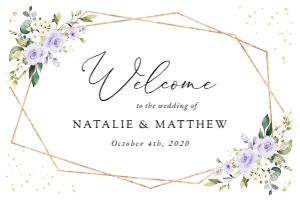 Purple Flowers and Gold Confetti Welcome Sign, Wedding Sign, Printable File, SH137, 24x36: Purple Flowers and Gold Confetti Welcome Sign - Wedding Sign