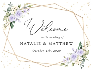 Purple Flowers and Gold Confetti Welcome Sign, Wedding Sign, Printable File, SH137, 18x24: Purple Flowers and Gold Confetti Welcome Sign - Wedding Sign