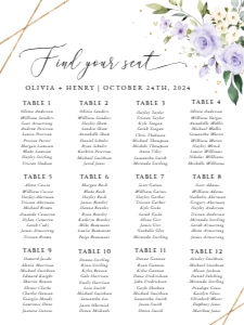 Purple Flowers and Gold Conetti Seating Chart, Wedding Sign, Printable File, SH137, 18x24: Purple Flowers and Gold Confetti Wedding Bundle - Party Items