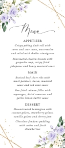 Purple Flowers and Gold Confetti Wedding Menu design preview