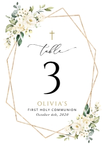 White Flowers Table Numbers, First Holy Communion Stationery, Printable File, SH139: Cream White Flowers First Holy Communion Table Number Sign