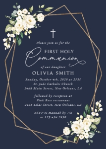 Navy and Cream White Flowers First Holy Communion Invitation design preview