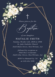 Navy and Cream White Flowers Baptism Invitation design preview