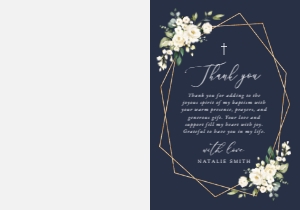 Navy and Cream White Flowers Baptism Thank You Card design preview