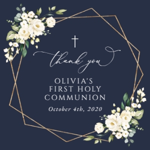 Navy and White Flowers First Holy Communion Square Favor Tags, Printable File, SH141: Navy and Cream White Flowers First Holy Communion Favor Tags
