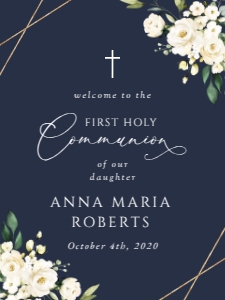 Navy and Cream White Flowers First Holy Communion Welcome Sign design preview