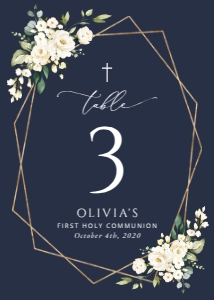 Navy and Cream White Flowers First Communion Table Number Sign design preview