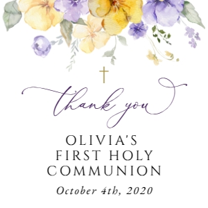 Purple and Yellow Flowers First Holy Communion Favor Tags design preview