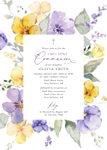 Purple and Yellow Flowers First Holy Communion Invitation design preview