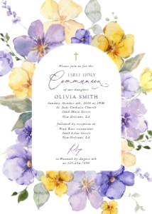 Purple and Yellow Flowers First Holy Communion Invitation design preview