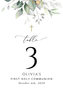 Greenery Table Numbers, First Holy Communion Stationery, Printable File, SH149: Greenery and Gold First Holy Communion Table Number Sign