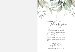 Greenery and Gold First Holy Communion Thank You Card design preview