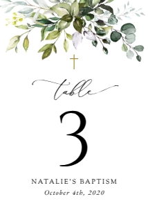 Eucalyptus Table Numbers, Baptism Stationery, Printable File, SH150: Eucalyptus Leaves and Greenery Baptism Table Number Sign