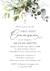 Eucalyptus First Holy Communion Invitation, Printable File, SH151: Eucalyptus Leaves and Greenery First Holy Communion Invitation