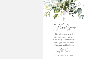 Eucalyptus Leaves First Holy Communion Thank You Card design preview