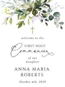 Eucalyptus Welcome Sign, First Holy Communion Sign, Printable File, SH151, 18x24: Eucalyptus Leaves and Greenery First Communion Mini Bundle