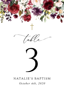 Burgundy, Purple and Pink Flowers Table Numbers, Baptism Stationery, Printable File, SH152: Burgundy, Purple and Blush Flowers Baptism Table Number Sign