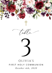 Burgundy, Purple and Pink Flowers Table Numbers, First Holy Communion Stationery, Printable File, SH153: Red, Purple and Blush Flowers First Holy Communion Table Numbers