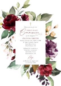 Burgundy, Purple and Blush Flowers First Communion Invitation design preview