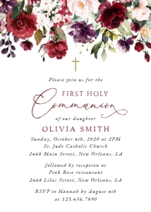 Burgundy, Purple and Pink Flowers First Holy Communion Invitation, Printable File, SH153: Burgundy, Purple and Blush Flowers First Communion Invitation