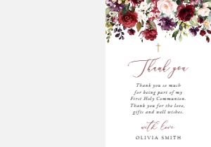 Burgundy, Purple and Blush Flowers First Communion Thank You Card design preview