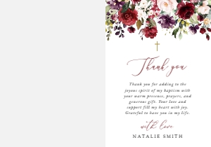 Burgundy, Purple and Pink Flowers Thank You Card With Photo, Baptism, Printable File, SH152: Burgundy, Purple and Blush Flowers Baptism Thank You Card