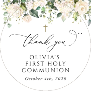 White Flowers First Holy Communion Circle Favor Tags, Printable File, SH155: Cream White Flowers First Holy Communion Mini Bundle