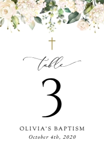 White Flowers Table Numbers, Baptism Stationery, Printable File, SH154: Cream White Flowers Baptism Table Number Sign