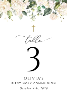 Cream White Flowers First Holy Communion Table Number Sign design preview