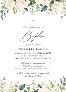 Cream White Flowers Baptism Invitation design preview