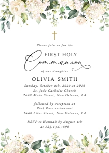 Cream White Flowers First Holy Communion Invitation design preview