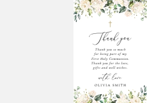 Cream White Flowers First Holy Communion Thank You Card design preview