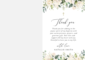 White Flowers Thank You Card With Photo, Baptism, Printable File, SH154: Cream White Flowers Baptism Thank You Card