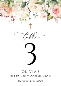 Pink, Orange and White Flowers First Communion Table Number Sign design preview