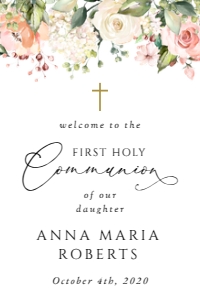 Pink, Orange and White Flowers First Communion Welcome Sign design preview