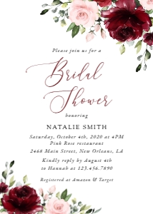 Burgundy and Blush Pink Flowers Bridal Shower Invitation design preview
