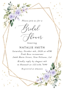 Purple Flowers and Gold Confetti Bridal Shower Invitation design preview