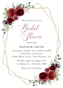 Burgundy Red Flowers Bridal Shower Invitation, Bridal Shower Stationery, Printable File, SH178: Burgundy Red Flowers Bridal Shower Invitation