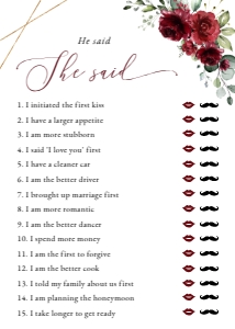 Burgundy Red Flowers Bridal Shower Set of 3 Games design preview