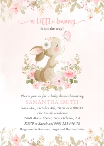 Cute Bunny and Pink Watercolor Flowers Baby Shower Invitation design preview