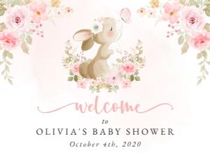 Cute Bunny and Pink Flowers Welcome Sign - Baby Shower Sign design preview