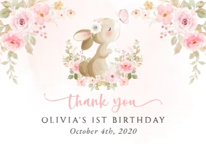 Cute Bunny, Pink Flowers Thank You Card, Birthday Stationery, Printable File, SH182: Cute Bunny and Pink Watercolor Flowers First Birthday Mini Bundle
