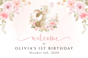 Cute Bunny, Pink Flowers Welcome Sign, Birthday Sign, Printable File, SH182, 24x36: Cute Bunny and Pink Watercolor Flowers First Birthday Mini Bundle