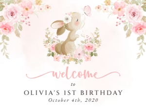 Cute Bunny, Pink Flowers Welcome Sign, Birthday Sign, Printable File, SH182, 18x24: Cute Bunny and Pink Watercolor Flowers First Birthday Mini Bundle